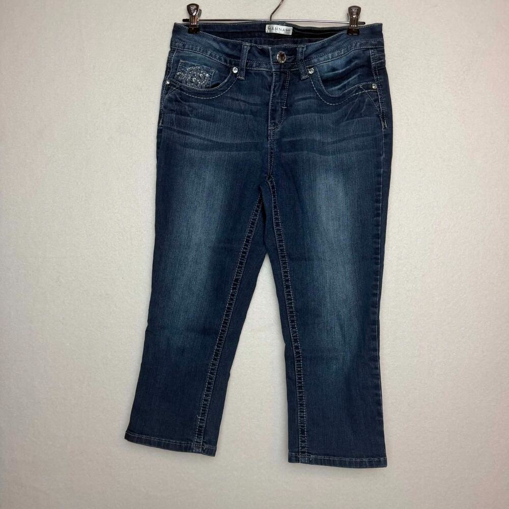 HANNAH Dark Wash Denim Capri Jeans Rhinestone Pockets Women's Size 6 Stretch